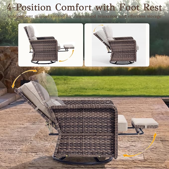 Brafab Outdoor Swivel Recliner Chair Set of 3 - Ergonomic Reclining Patio Chair with Adjustable Backrest and Footrest, All-Weather Wicker Chaise Lounge Outdoor with Side Table