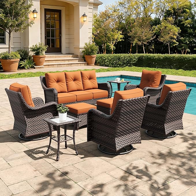 9 Pieces Outdoor Furniture Set with 6-inch Cushions, High Back Wicker Swivel Rocker Chairs with Coffee Table, Luxury Conversation Set for Deck Patio and Poolside