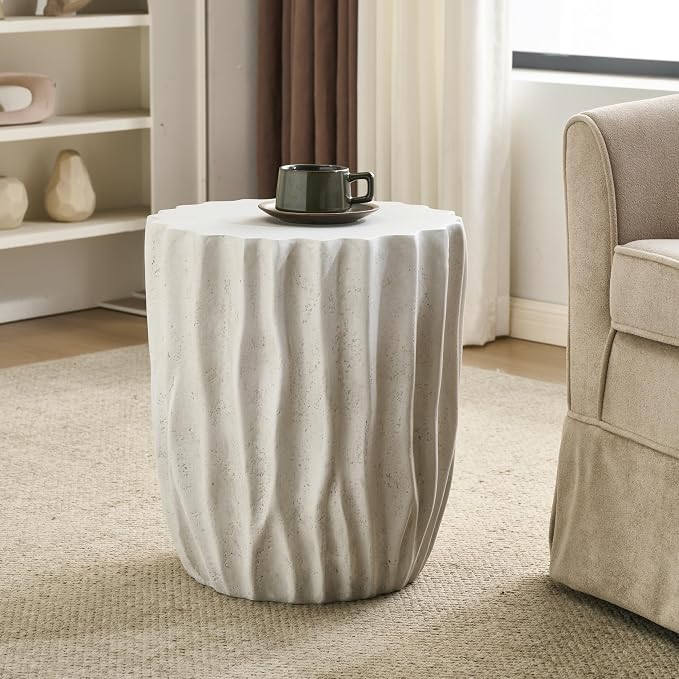 Christopher Knight Home Fairhill Outdoor Ribbed Side Table, Lightweight Concrete End Table, Accent Table with Wave Textured, Decorative Small Coffee Desk for Living Room Patio Balcony, Antique White