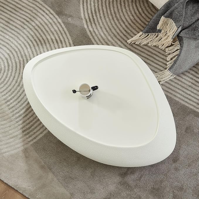 47" Modern Coffee Table Faux Stone Coffee Table Unique Rock Center Tables Round Edge Design Accent Tables for Living Room Office Apartment No Assembly,Fiberglass, Cream White