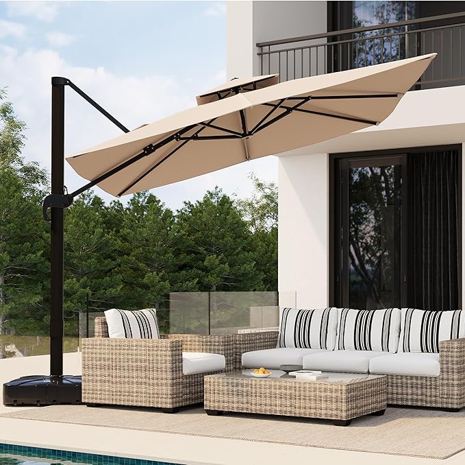 10x10 ft Square Outdoor Umbrella, Cantilever Patio Umbrella with 360° Rotation & Adjustable Height, Heavy Duty Aluminum Umbrella Outdoor Patio for Garden Poolside,Khaki (Base Not Included)