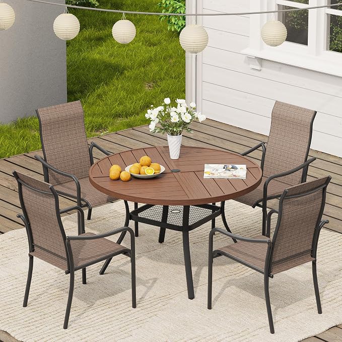 VICLLAX 40.6" Round Outdoor Table, Patio Dining Table for 4 with Umbrella Hole for Garden Lawn Deck Backyard, Walnut