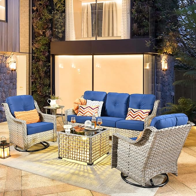 HOOOWOOO Patio Furniture Set,5 Pieces Wicker Outdoor Furniture,High Back Conversation Set with All Weather Resistant Solar Light Table Couch Swivel Chairs,Navy Blue