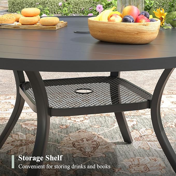 7 Pieces Outdoor Dining Set, Stackable Textilene Paito Chairs & 47.2" Round Dining Table with Umbrella Hole and Shelf, Patio Dining Set for Backyard, Deck, Garden, Brown & Black