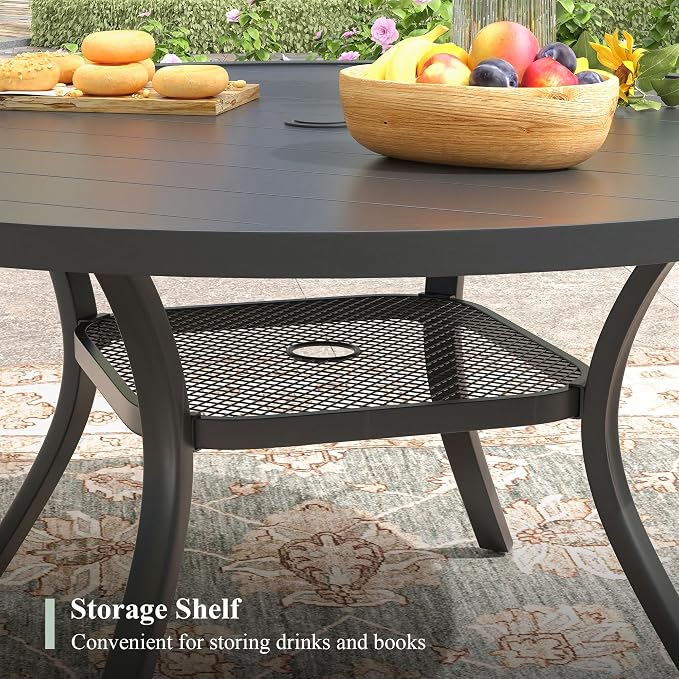 7 Pieces Outdoor Dining Set, Stackable Textilene Paito Chairs & 47.2" Round Dining Table with Umbrella Hole and Shelf, Patio Dining Set for Backyard, Deck, Garden, Brown & Black