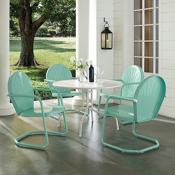 Crosley Furniture Griffith 5-Piece Outdoor Dining Set for 4, Retro Metal Round Patio Table and Chairs, White and Aqua