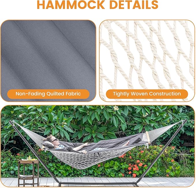 Lazy Daze Hammocks Rope Hammock with Pad, Spreader Bar, Carabiners, Tree Straps, Chains for Outside Patio- Max 450 Lbs, Grey