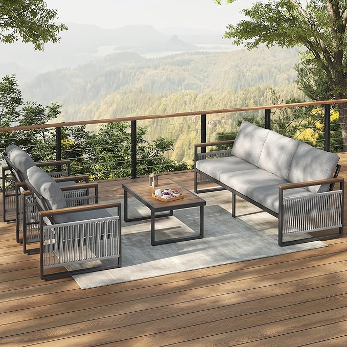 Christopher Knight Home Lena Patio 4 Pieces Conversation Set, Rope Woven Club Chairs and 3 Seater Sofa, Metal Frame Armchair, Slat Panel Coffee Table, Furniture Set for Backyard Garden Poolside, Gray