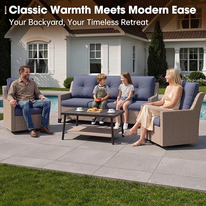 NestNook 4 Piece Patio Furniture Set, Outdoor Rattan Swivel Glider Chairs Set of 2 with 3-Seater Sofa and Coffee Table Wicker Patio Conversation Set for Backyard Balcony & Poolside（Blue）