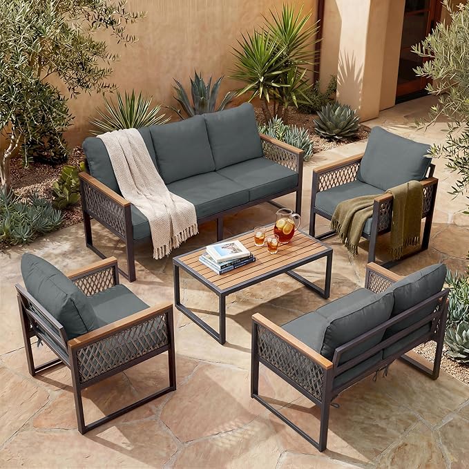 UPHA 5 Pieces Patio Furniture Set, Metal Outdoor Sectional Couch Set with Loveseat & 3-Seat Sofa, 2 Chairs, Coffee Table, Modern Patio Conversation Set for Porch Balcony Deck, 7 Seats, Gray
