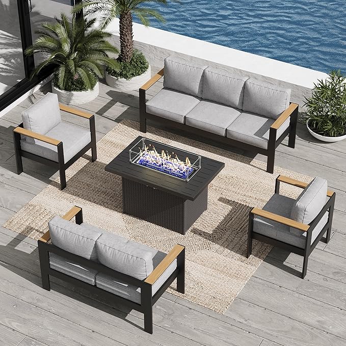 Aluminum Outdoor Patio Furniture Sets, 5 Piece Metal Patio Conversation Sets with Fire Pit with 5 Inch Cushion for Garden Backyard Deck