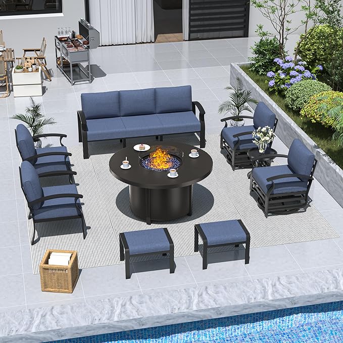 ALAULM Aluminum Patio Furniture Set with Round Propane Fire Pit Table 9-seat Metal Outdoor Furniture w/Swivel Chairs & 2 Ottomans Patio Sectional Sofas for Porch, Lawn, Poolside（DarkBlue