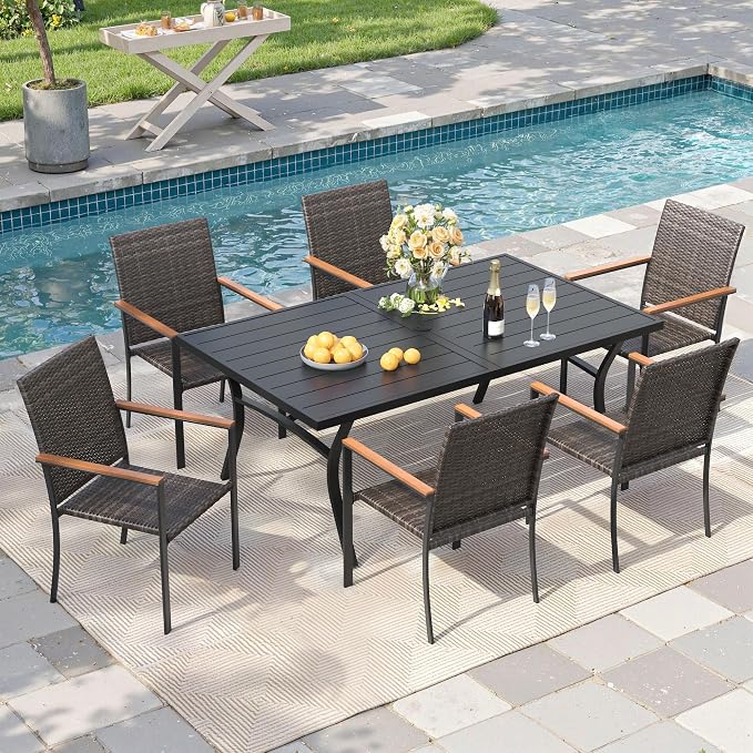 Patio Dining Set for 6, Outdoor Furniture of 63" Rectangular Slatted Table with Umbrella Hole and Stackable Wicker Patio Chairs for Backyard Lawn Garden, Walnut Chairs, Black Table