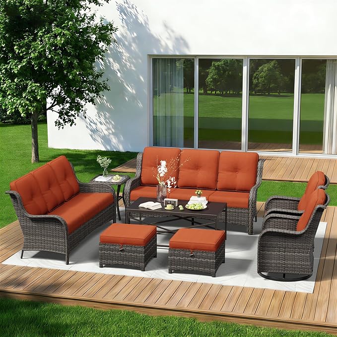 8 Piece Outdoor Wicker Patio Furniture Set, Outdoor Swivel Rocker Patio Chairs Set with Thickened Olefin Cushions, High Back and Deep Seating, Hand-Woven PE Rattan for Porch, Deck