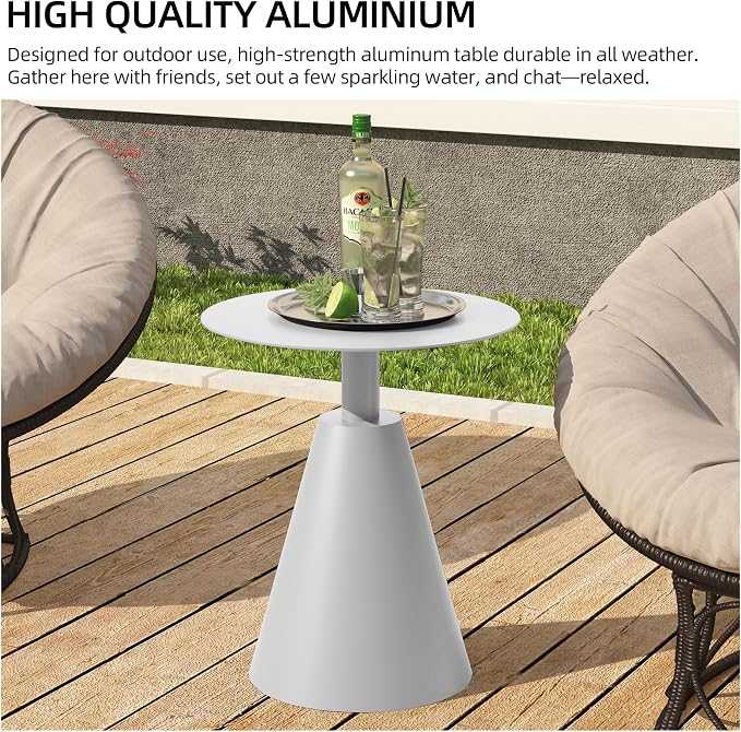19.5" Round Outdoor Coffee Table, Weather-Resistant Aluminum Side Table for Patio, Balcony, Garden & Bedroom, White