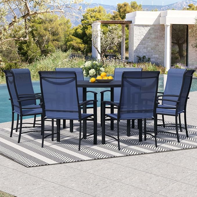 9-Piece Outdoor Dining Set for 8 – 60" Black Round Patio Table with Umbrella Hole & 8 Blue Outdoor Dining Chairs with Armrests, Large Poolside Furniture