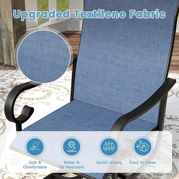 DIFY 9 Piece Outdoor Dining Set for 8, 59.8" Black Round Metal Dining Table with Umbrella Hole and Swivel Patio Chairs with Blue Textilene Fabric, Patio Table and Chairs Set for Garden Backyard Deck