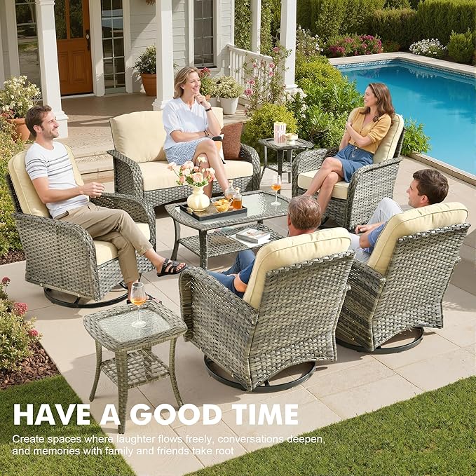Weaxty 8 Pieces Outdoor Patio Furniture Sets with Swivel Rocking Patio Chairs and Loveseat Sofa,Coffee Table,All Weather Wicker Conversation Set for Deck Backyard Porch Poolside,Beige