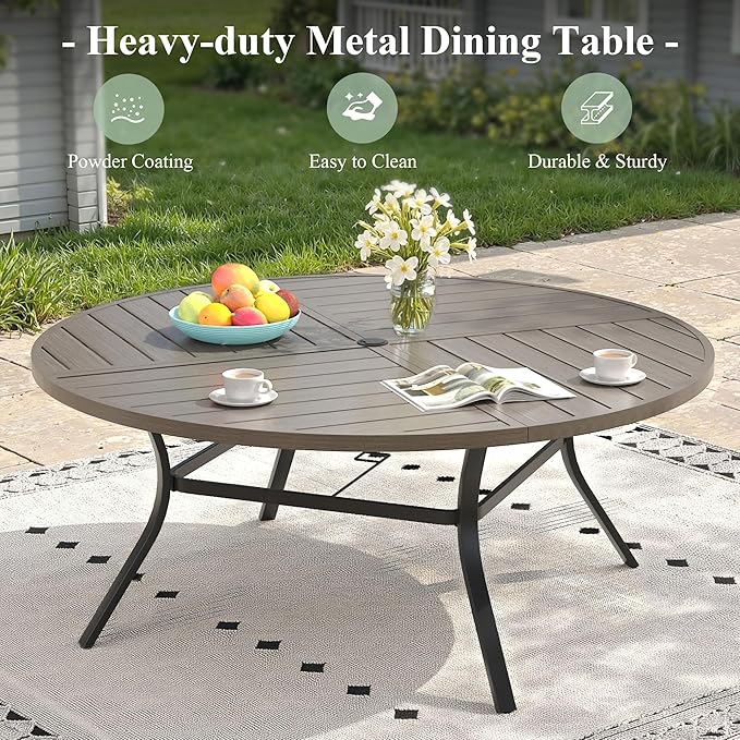11 Pieces Outdoor Dining Set, Stackable Textilene Paito Chairs & 63.1" Round Dining Table with Umbrella Hole, Patio Dining Set for Backyard, Deck, Garden, Grey