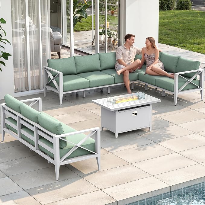 Patio Furniture Set with Fire Pit Table Outdoor Sectional Sofa Conversation Set for Backyard Deck Garden Seating