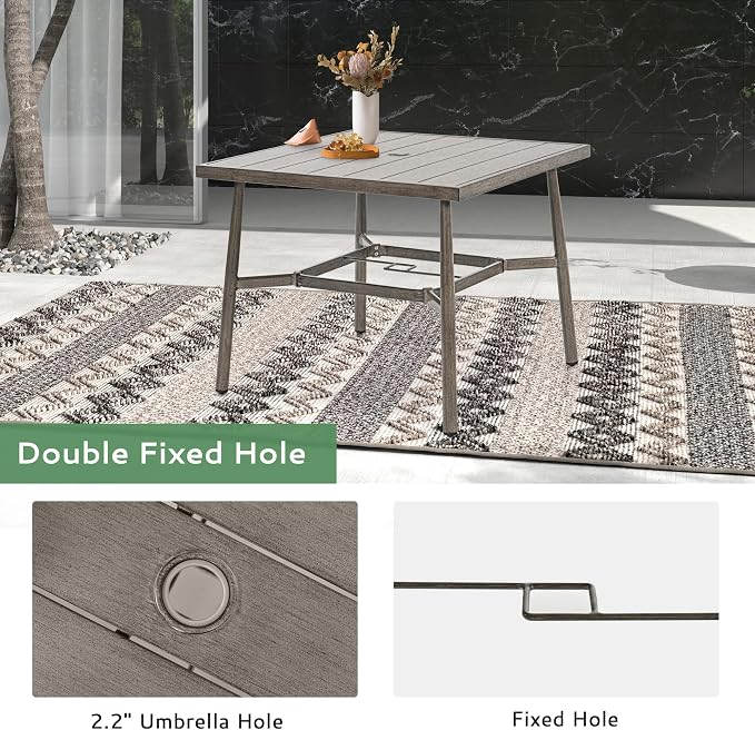 5-Piece Outdoor Dining Set for 4, Aluminum Patio Dining Set with Cushions, 4 Dining Chairs with Rope Backrest, Square Table with Umbrella Hole, Patio Dining Set for Lawn Porch Backyard,Grey