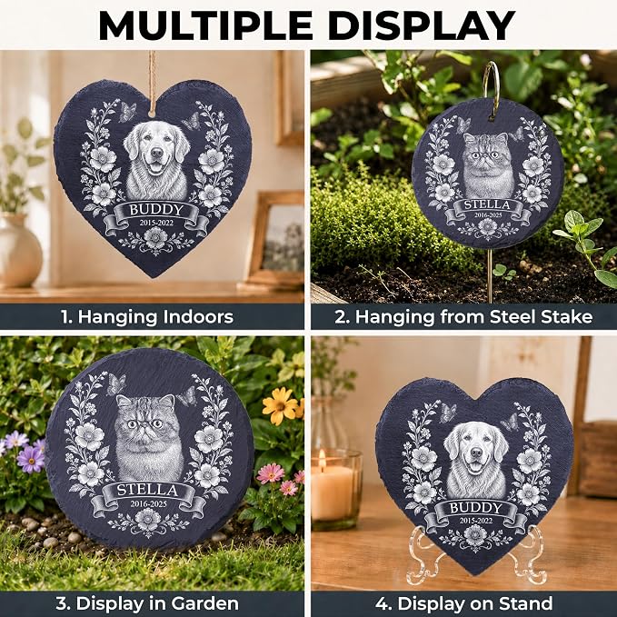 Personalized Pet Memorial Garden Stone for Dogs Cats - Dog Photo Memorial Natural Stone with Garden Stake, Condolences Sympathy Gift for Dog Lovers, Pet Loss Gifts, Waterproof for Indoor & Outdoor