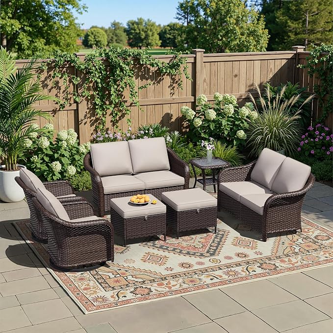 7 Piece Patio Wicker Conversation Set, 2 All-Weather Use Outdoor Wicker Loveseat with 2 PE Rattan Ottomans,2 Swivel Chair, 1 Side Table, Ideal for Porch, Backyard, Balcony, Poolside, Beige