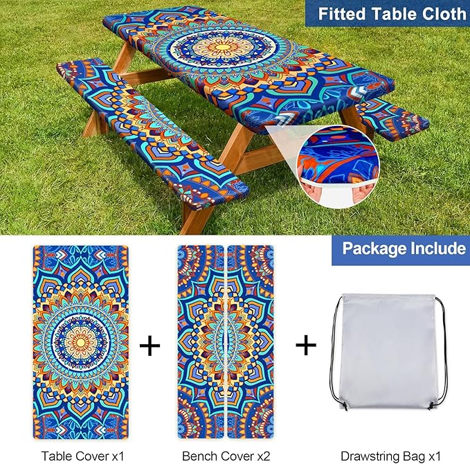 Picnic Table Cover with Bench Covers Camping Essentials Waterproof Windproof Camping Tablecloth with Drawstring Bag, Fitted Rectangle Tables and Seats, 72in, Yellow Blue Orange