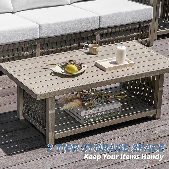 Outdoor Patio Coffee Table, 2-Tier Rectangle Outdoor Patio Table with Rope Weave, Modern Accent Table with Heavy-Duty Aluminum Frame, Patio Furniture Set for Garden Porch Yard Deck, Gray Oak