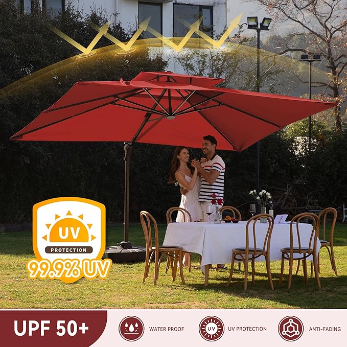 9 X 12 FT Cantilever Outdoor Patio Umbrella with LED Lights Large Heavy Duty 360° Rotation Double Top Offset Rectangular Umbrellas for Backyard Garden Pool Outside Deck, Red