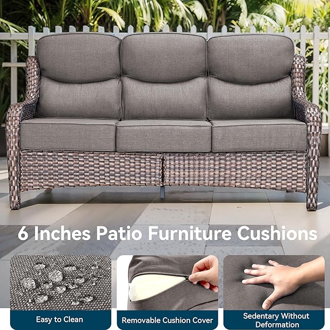 Luxury High Back Outdoor Furniture 6-Inch Thick Cushions with 50,000 BTU Gas Propane Fire Pit Tablet, Patio Furniture Set with Swivel Chairs, for Porch, Balcony, Deck and Yard