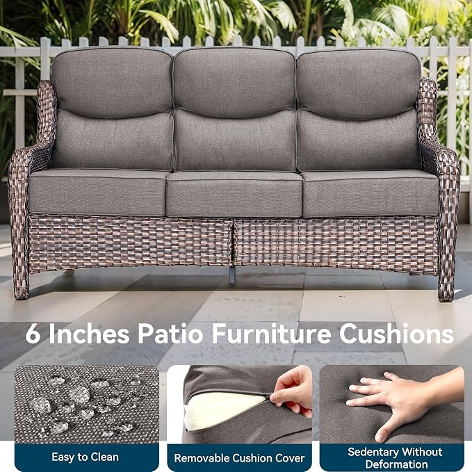 Luxury High Back Outdoor Furniture with 6-Inch Thick Cushions, Patio Furniture Set with Swivel Chairs, 6 PCS Wicker Conversation Set for Porch, Balcony, Deck and Yard