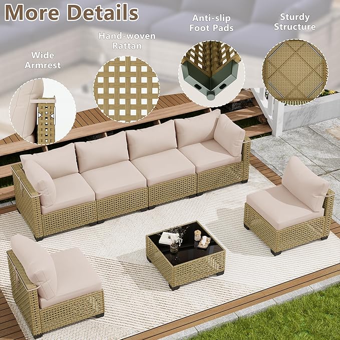 7 Piece Outdoor Patio Furniture Set, Rattan Chairs Glass Table Wicker Conversation Seating Sectional Sofa with Cushions (Yellow-Beige, 7Pcs-Straight Back)