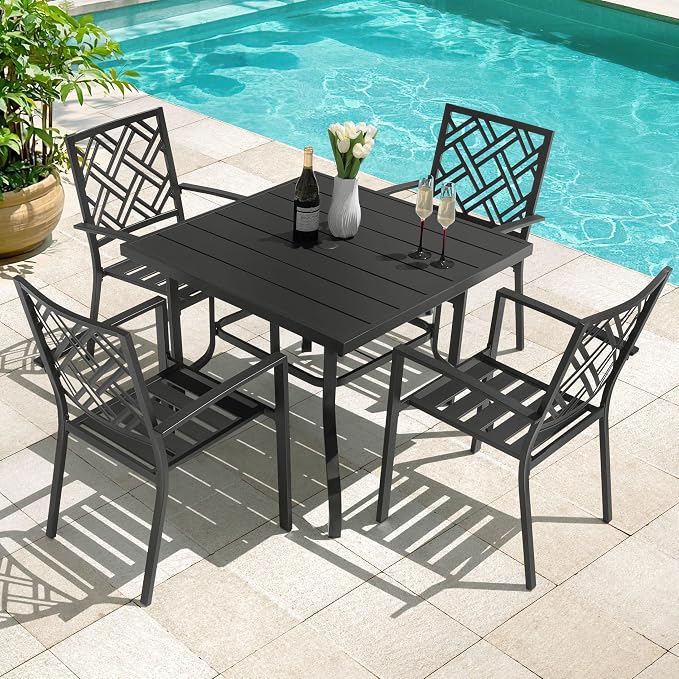 NUU GARDEN 5 Piece Patio Dining Set for 4 with Stackable Chairs | 37" square table with umbrella hole and 4 stackable metal chairs featuring slatted seats and backs for outdoor dining