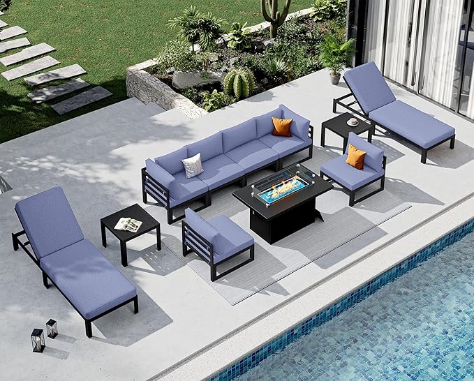 NICESOUL 11 Piece Large Modern Aluminum Patio Furniture Set, Water Resistant Modular Outdoor Conversation Set with Lounge & Fire Pit Table, 500 lbs Durable Modular Sectional Sofa for Deck, Denim Blue