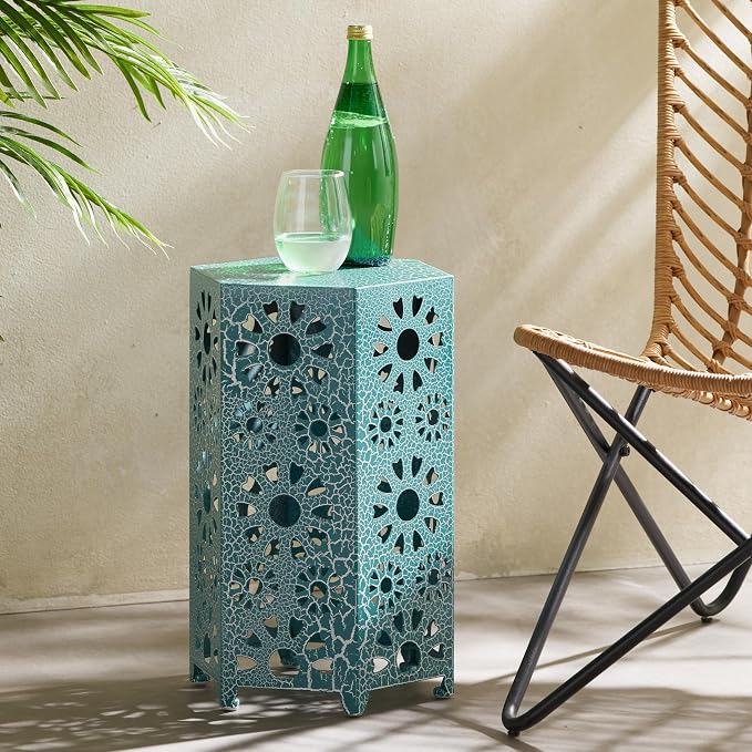 12" Outdoor Side Table, Decorative Cutout Metal Side Table, Multi Functional - Coffee Table, Night Stand, Plant Stand for Patio, Garden, Backyard, Gazebo Indoor (Teal)