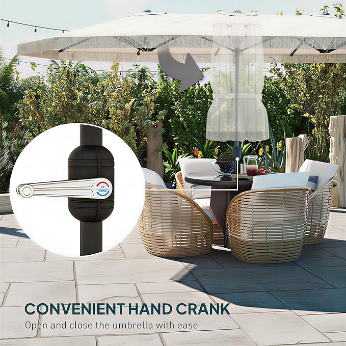 Outsunny 15FT Extra Large Patio Umbrella with Fringe, UPF30+ Double-Sided Market Umbrella with Easy Crank Handle, 2 Vents for Garden Pool Lawn