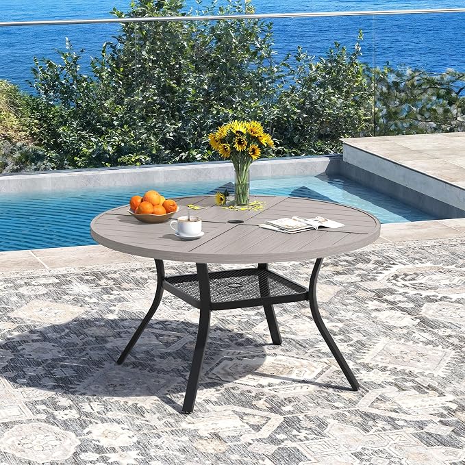 DIFY 40.6" Round Outdoor Patio Dining Table for 4, All-Weather Metal Steel Slatted Patio Table with 1.57" Adjustable Umbrella Hole, for Lawn Garden Porch Backyard, Grey Wood-Like