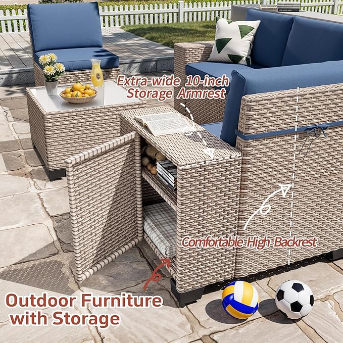 13 Pieces Patio Furniture Set with Fire Pit Table, Outdoor Sectional Wicker Sofa with Thickened Cushions and Coffee Table, High Back Rattan Patio Conversation Sets, Navy