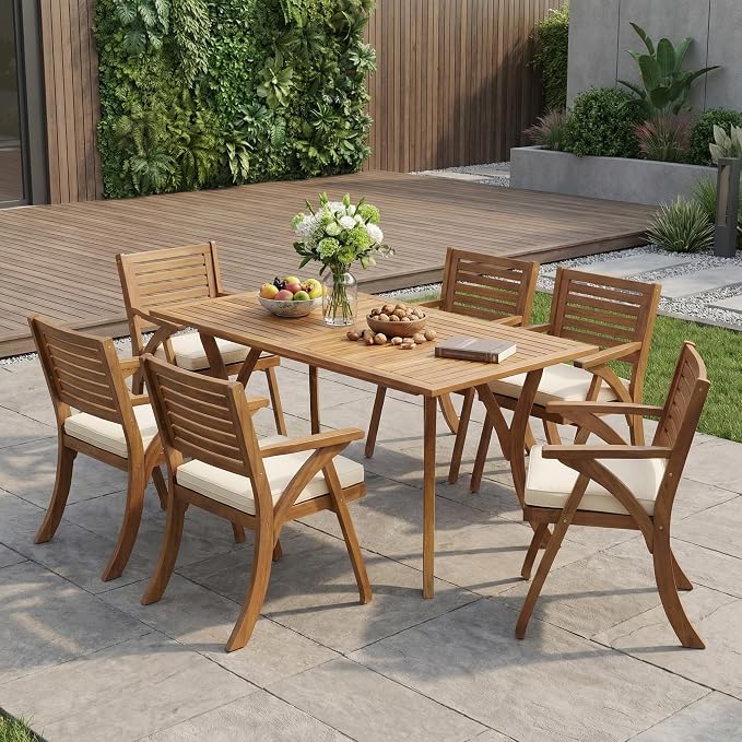 Merax 7 Piece Outdoor Dining Set for 6, Hermosa Acacia Wood Teak Finish Rectangle Table and 6 Chairs with Beige Cushion