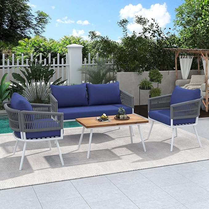 GOWE 4-Piece Boho Rope Patio Furniture Set, Outdoor Furniture with Acacia Wood Table, Patio Conversation Set with Deep Seating & Thick Cushion for Backyard Porch Balcony, Navy Blue