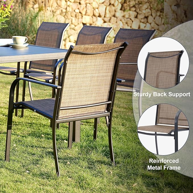 VICLLAX 7 Pieces Patio Outdoor Dining Set, 63" Outdoor Rectangular Metal Dining Table with Umbrella Hole and 6 Stackable Textilene Chairs for Lawn, Garden, Porch, Black/Brown