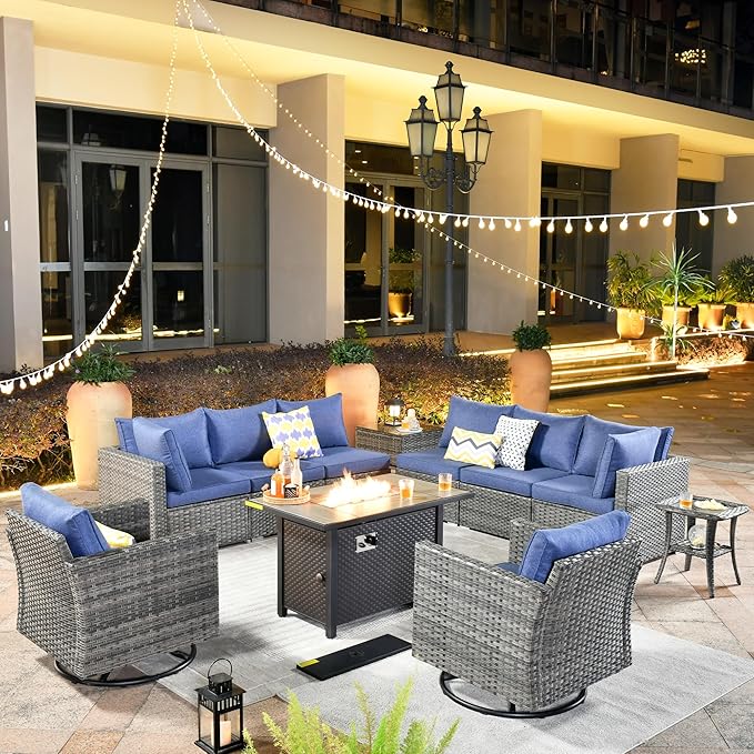ovios 11 Piece Outdoor Patio Furniture Set with Fire Pit Table,Conversation Sectional Wicker Couch with Swivel Chairs,Modern Outside Sofa for Balcony Backyard, Blue