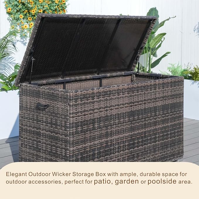 Outdoor 286 Gallon Large Rattan Deck Storage Box by Brown-Steel