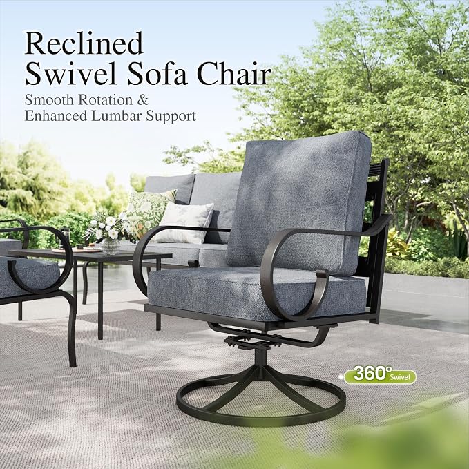 Sophia & William Patio Conversation Set for 7, 3-Seater Sofa, 2 Fixed Chairs, 2 Swivel Chairs and a 45" Fire Pit Table, Metal Outdoor Furniture with 5.75" Extra Thick Cushions, Grey