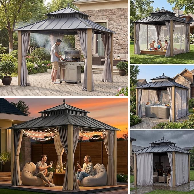 SUNJOY Kingston 10' x 10' Hardtop Wood Gazebo with Galvanized Steel Double Roof, Curtain and Netting, Cedar Posts Permanent Pavilion Gazebo for Garden, Patio, Deck, Lawn
