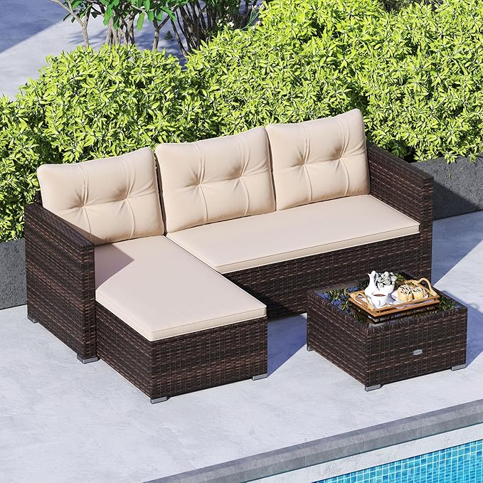 Tangkula L Shaped Outdoor Patio Furniture Set, 4 Seats Wicker Patio Conversation Set with Cushions and Tempered Glass Coffee Table, for Yard, Porch, Garden and Poolside