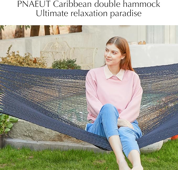 PNAEUT Double Rope Hammocks for Outside, Handwoven Double Caribbean Hammock with Spreader Bar for Outdoor Indoor, Max 600 lbs Capacity (Abyss)