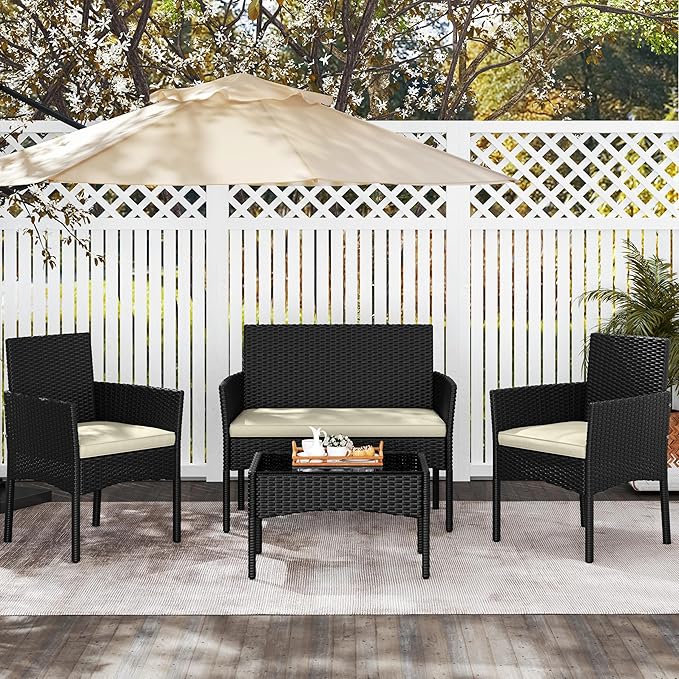 Yaheetech Patio Furniture Set 4 Pieces Conversation Sets, Rattan Chair Wicker Set Loveseat with Soft Cushion and Glass Table for Backyard Porch Garden Poolside Balcony, Black and Beige
