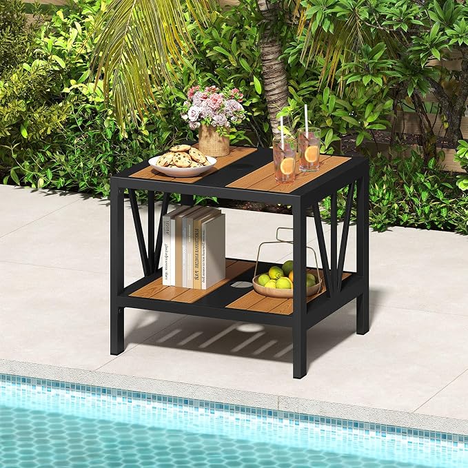 HAPPYGRILL Outdoor Side Table with Umbrella Hole 1.57”, 2-Tier Coffee Bistro End Table Umbrella Stand with Storage Shelf, for Backyard Poolside Garden (1)